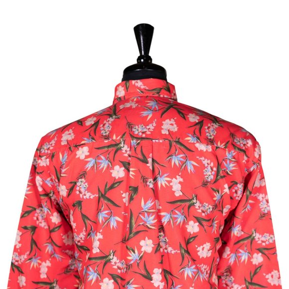 Mens Shirt Button Up Red Orange Floral Summer Tropical Hawaiian Beach Large - Picture 6 of 7